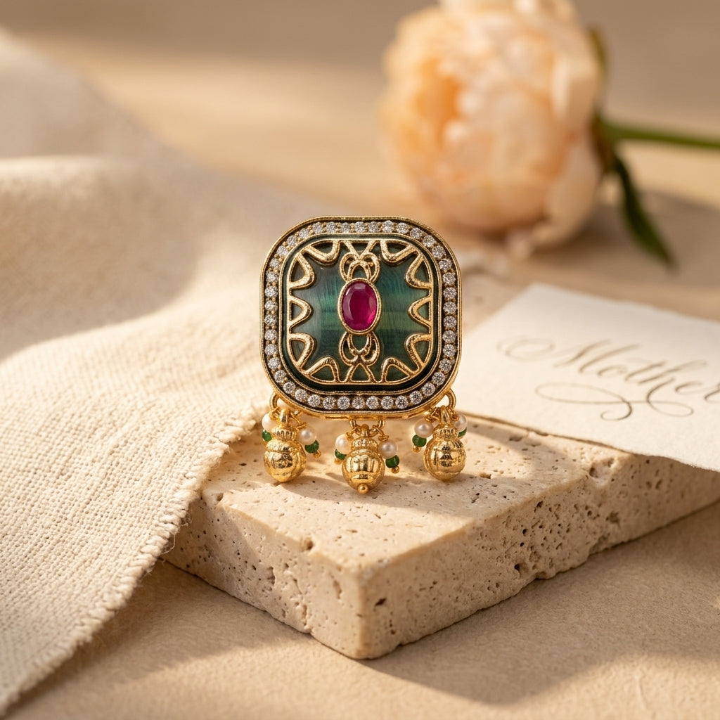 Large Square Kundan Ring | Sea Green Stone, Ruby, Polki & Pearl Ghungroo Drops