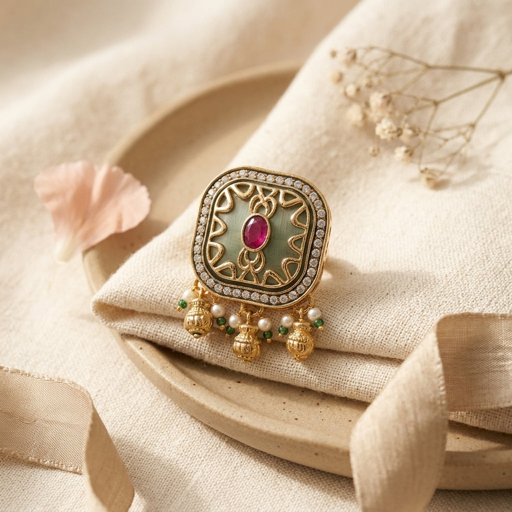 Large Square Kundan Ring | Sea Green Stone, Ruby, Polki & Pearl Ghungroo Drops