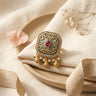 Large Square Kundan Ring | Sea Green Stone, Ruby, Polki & Pearl Ghungroo Drops