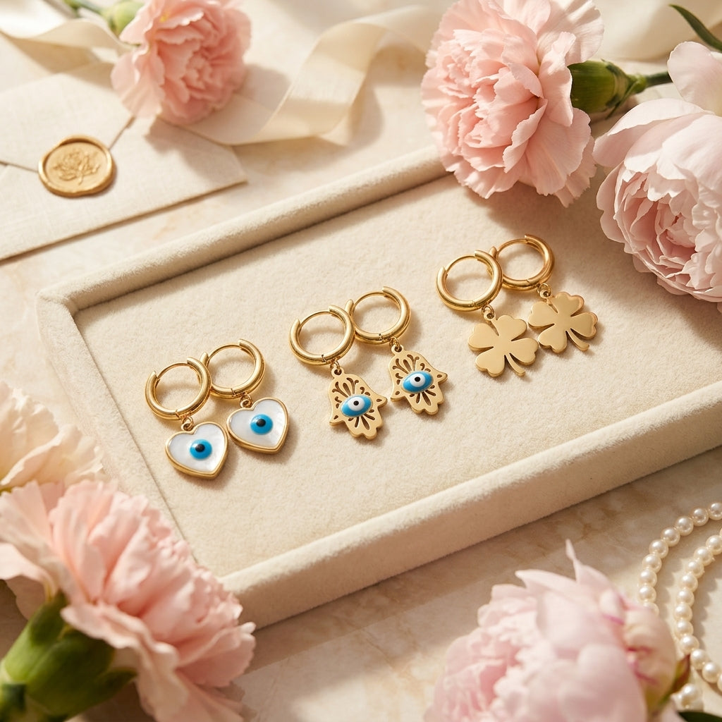 The Anti-tarnish Lucky Charm Edit - (Heart evil eye · Hamsa evil eye · Four-leaf clover)