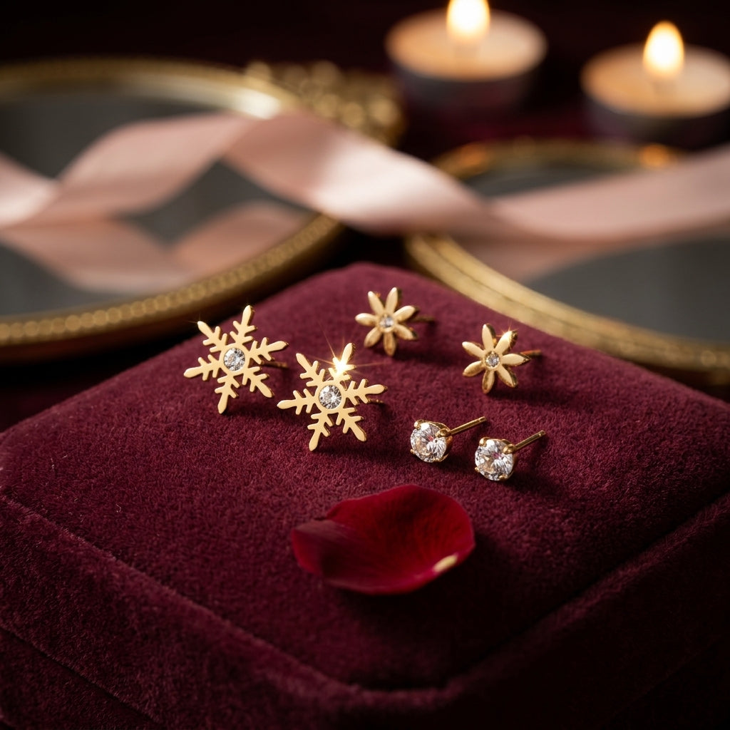 The Celestial Stud Edit (Snowflake · Crystal solitaire · Daisy flower)