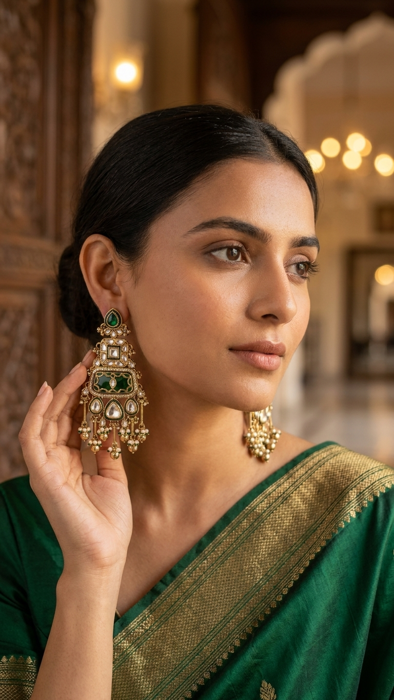 Imperial Emerald & Kundan Tiered Chandelier Earrings