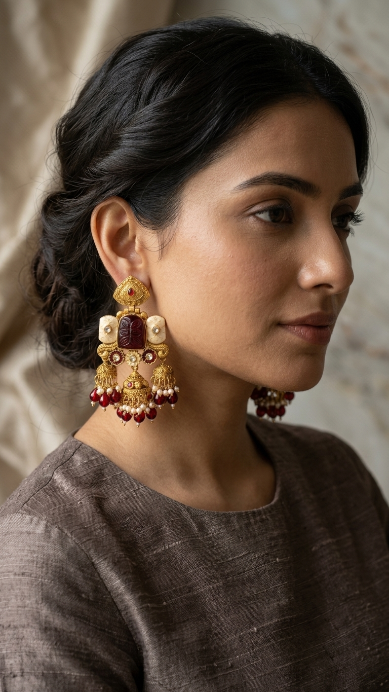Vintage Temple-Style Carved Jhumka Earrings