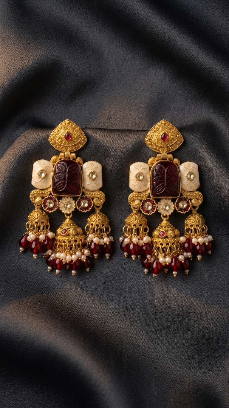 Vintage Temple-Style Carved Jhumka Earrings